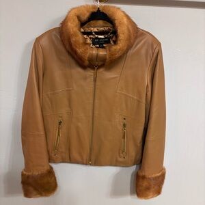 St John Tan Brown Leather with Mink Collar and Cuffs Sz L New